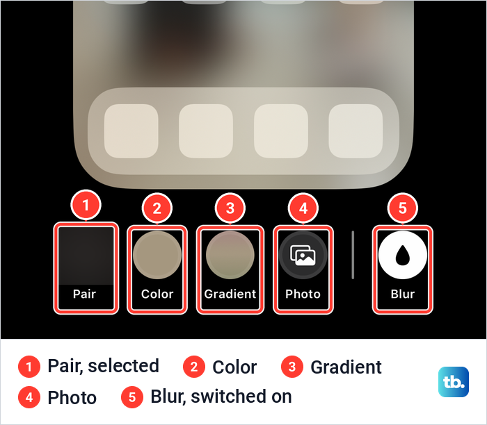 The iPhone Home Screen wallpaper options row with Pair, Color, Gradient, Photo and Blur buttons.