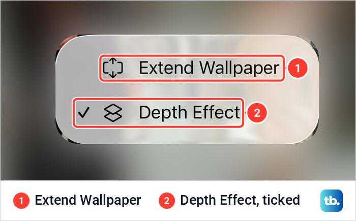 The More menu in the iPhone Lock Screen editor with Extend Wallpaper and a ticked Depth Effect.