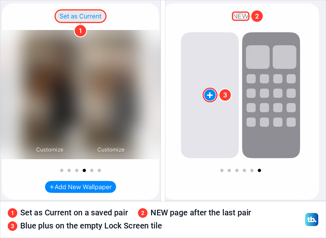 Two views of iPhone Settings Wallpaper, a saved pair with a Set as Current button and the empty NEW page after the last pair.