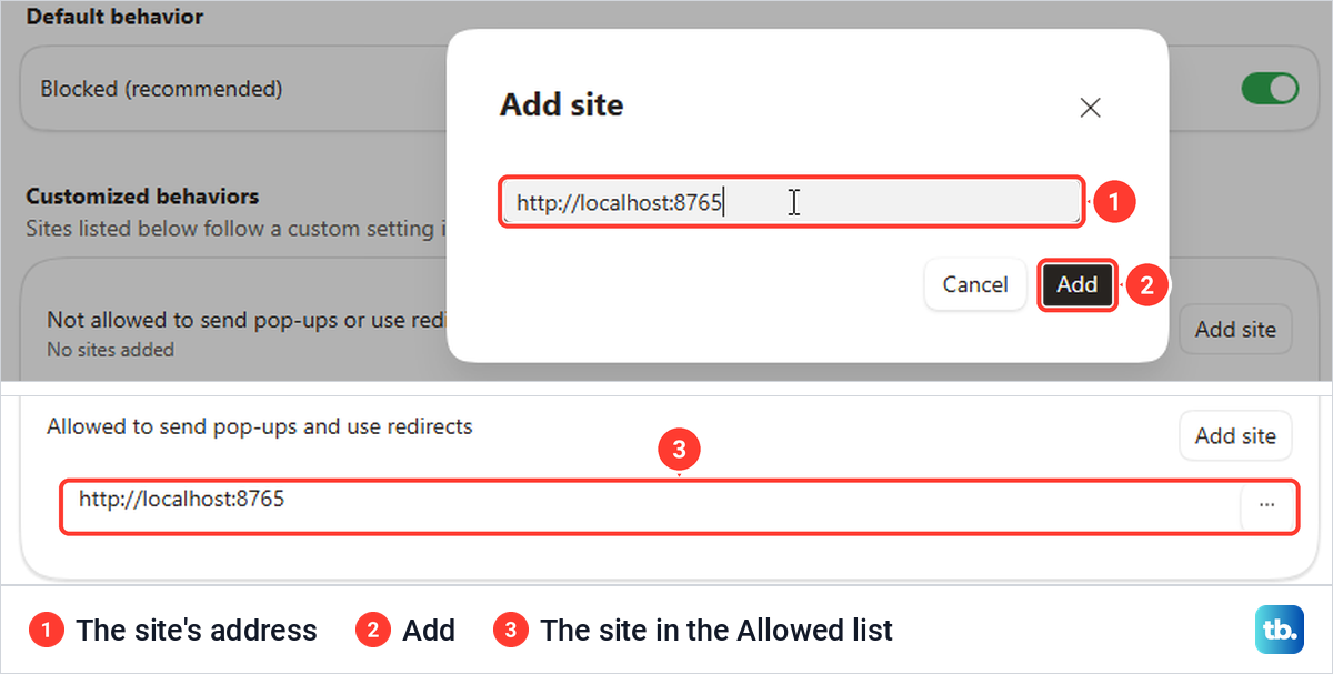 Edge Add site dialog with a website address typed in, above the Allowed list showing the saved site.