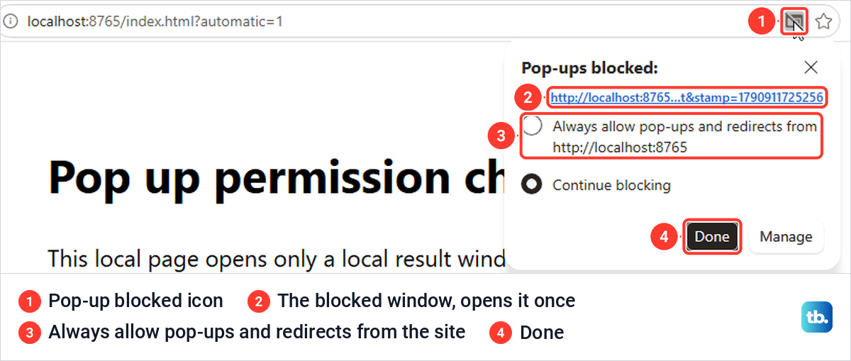 Microsoft Edge Pop-ups blocked panel open under the address bar icon, with the blocked link, Always allow and Continue blocking.