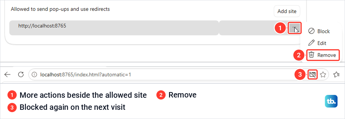 Edge Allowed list with the menu open beside a site, showing Block, Edit and Remove, above the address bar icon.