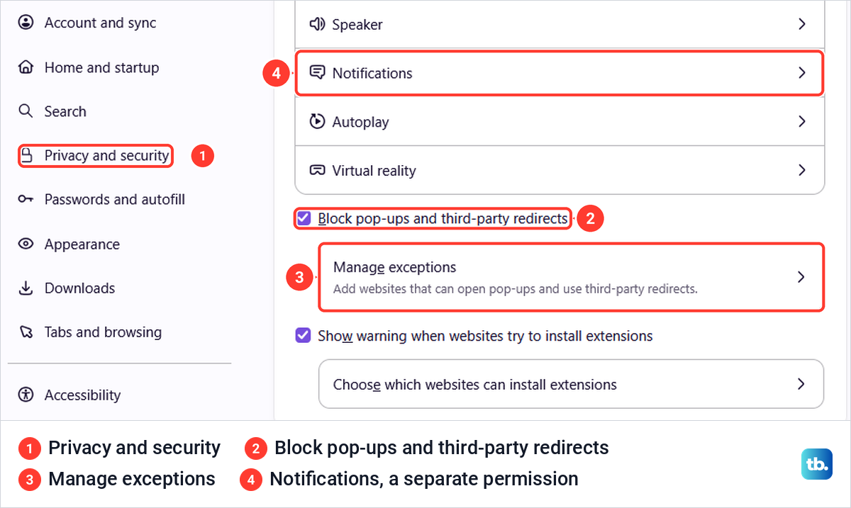 Firefox Settings on Privacy and security with the Block pop-ups and third-party redirects box ticked.