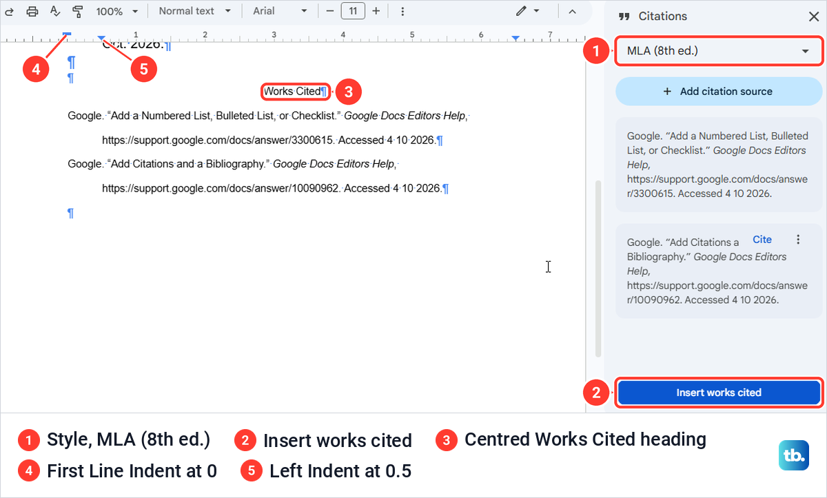 Google Docs Citations panel set to MLA beside the Works Cited list it inserted with a hanging indent