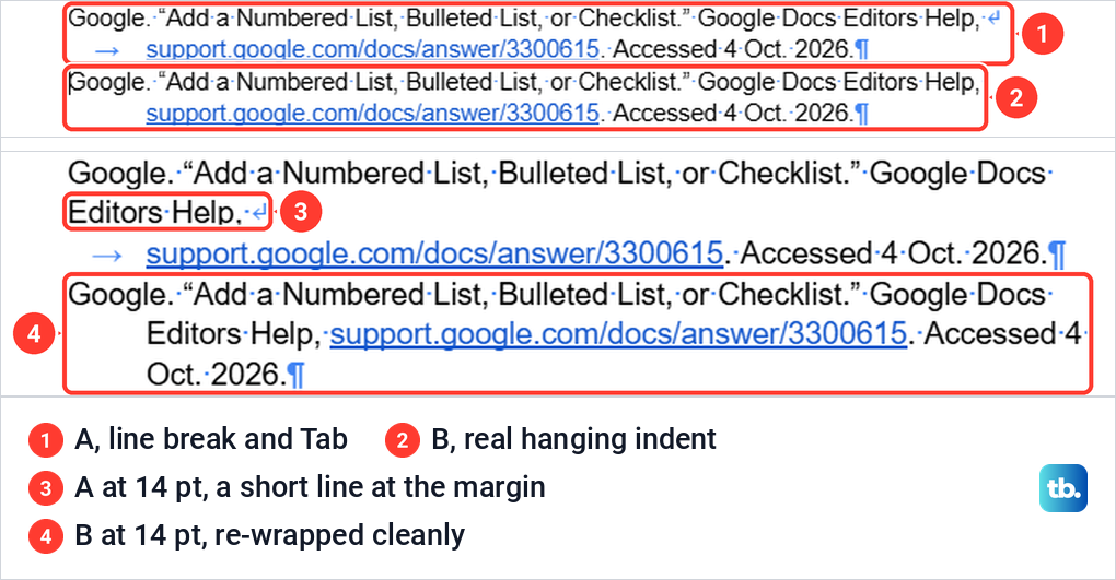 A fake hanging indent made with a line break and Tab next to a real one, before and after a font size change