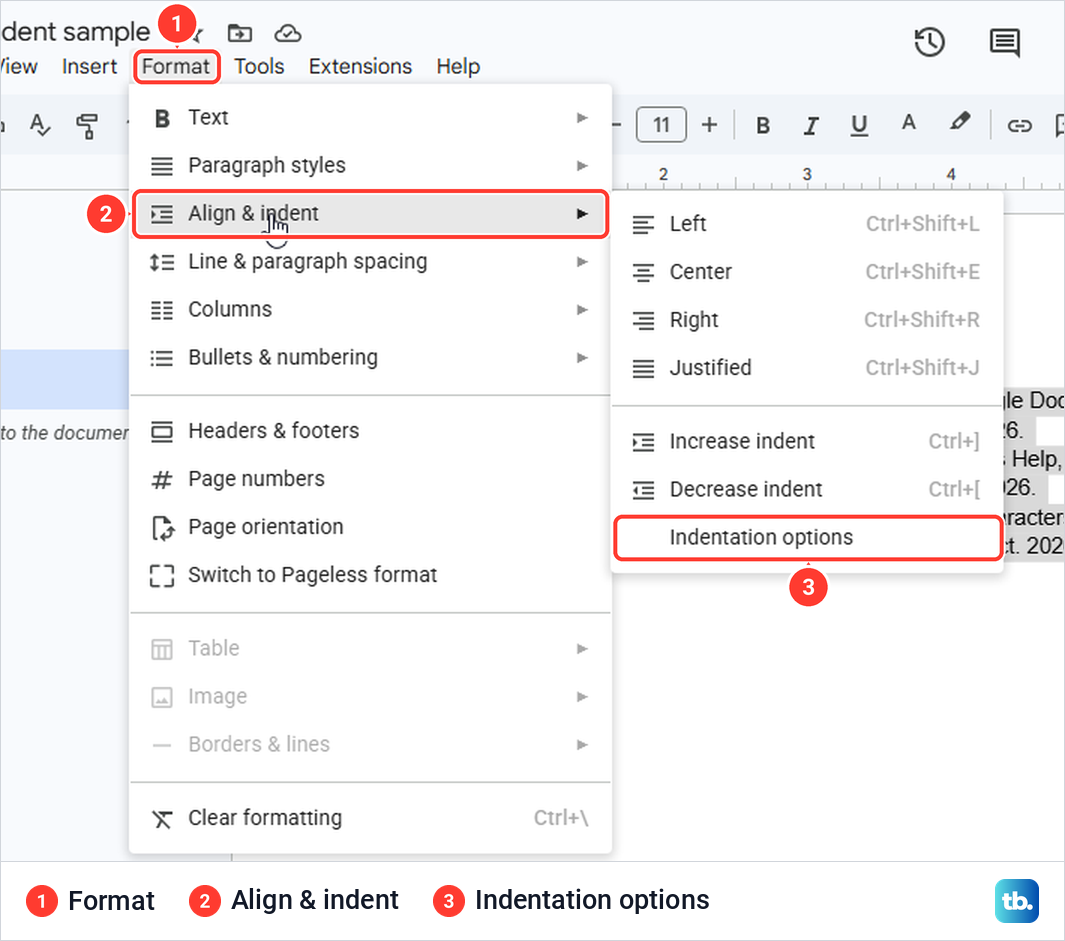 Google Docs Format menu open at Align and indent, with Indentation options at the bottom of the submenu