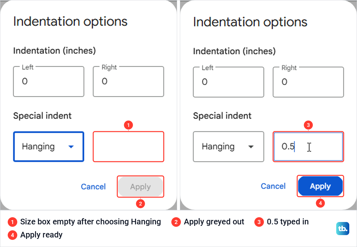 Two views of the Google Docs Indentation options box, first with an empty size box and then with 0.5 typed