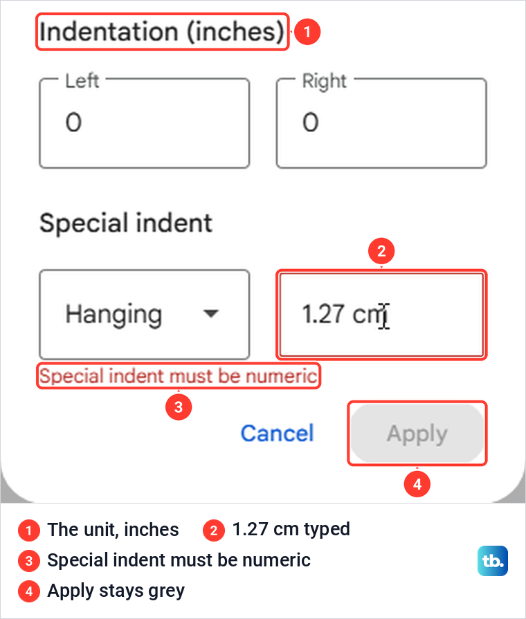 Google Docs Indentation options box refusing 1.27 cm with the message Special indent must be numeric