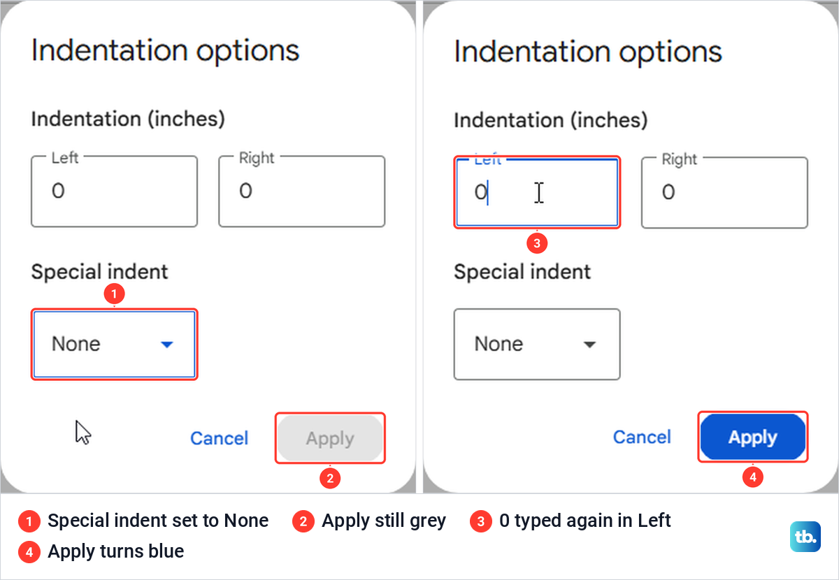 Google Docs Indentation options box with Special indent set to None and Apply grey, then active