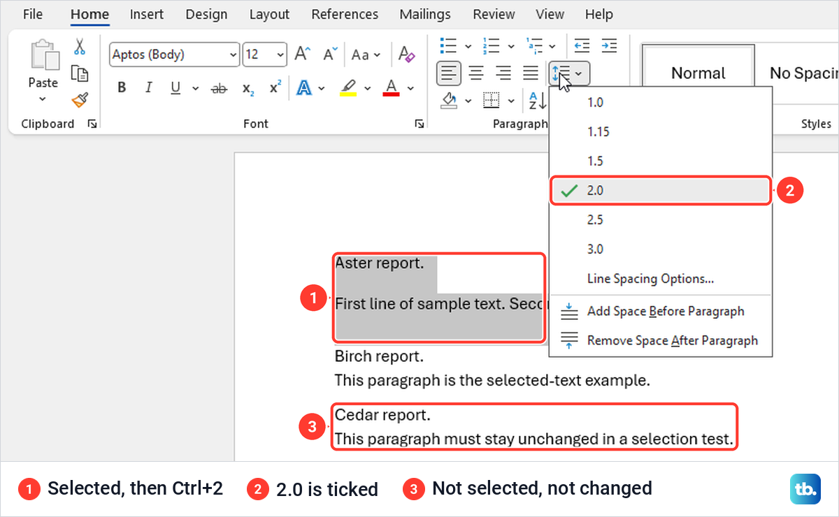 Word paragraph double spaced with Ctrl+2 and the spacing menu showing 2.0 ticked.