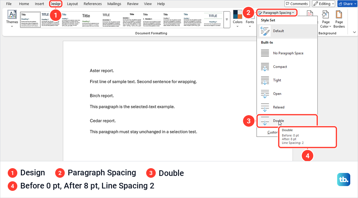 Word Design tab with the Paragraph Spacing menu open and the Double preset's tooltip showing its spacing values.
