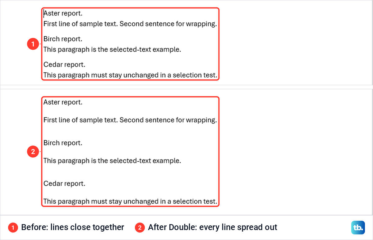 The same three Word paragraphs shown before and after the Double preset was applied.