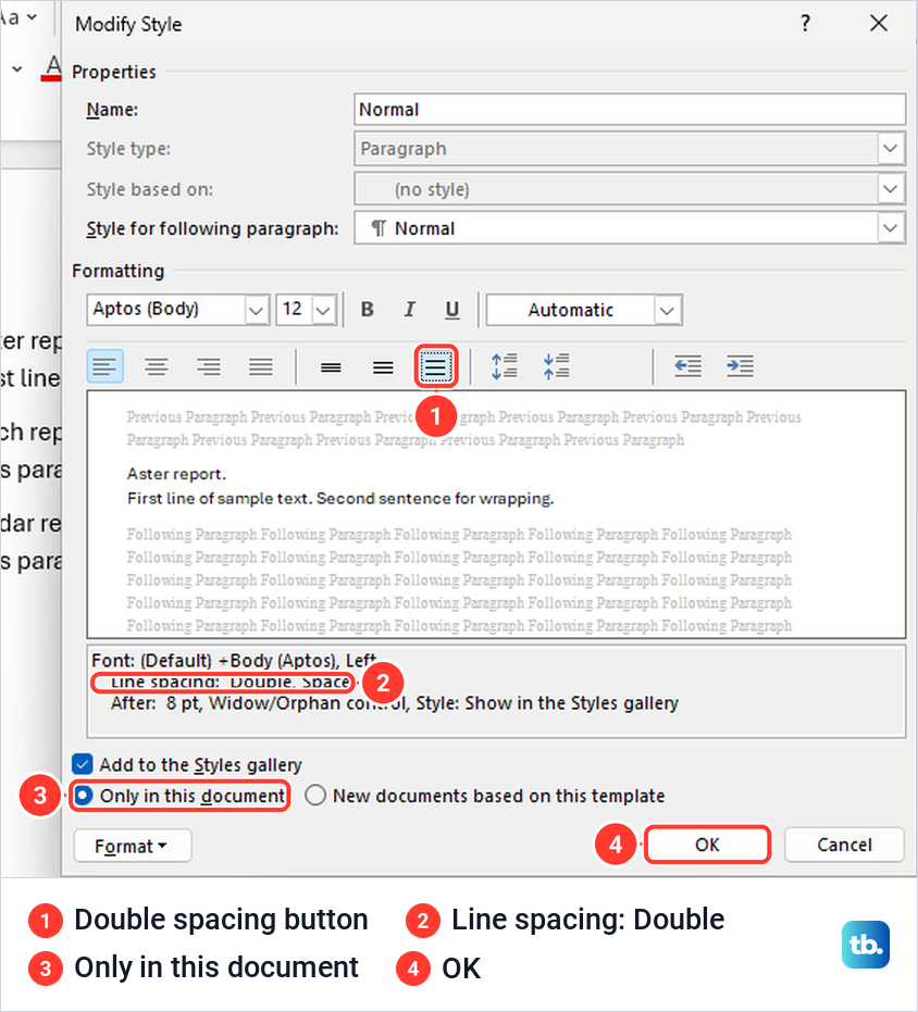 Word Modify Style dialog for the Normal style with the double spacing button selected.