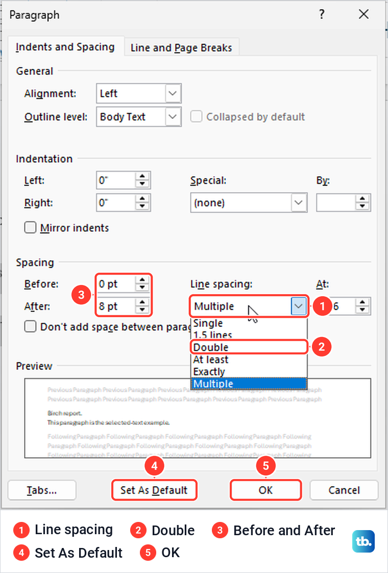 Word Paragraph dialog with the Line spacing list open and Double highlighted.