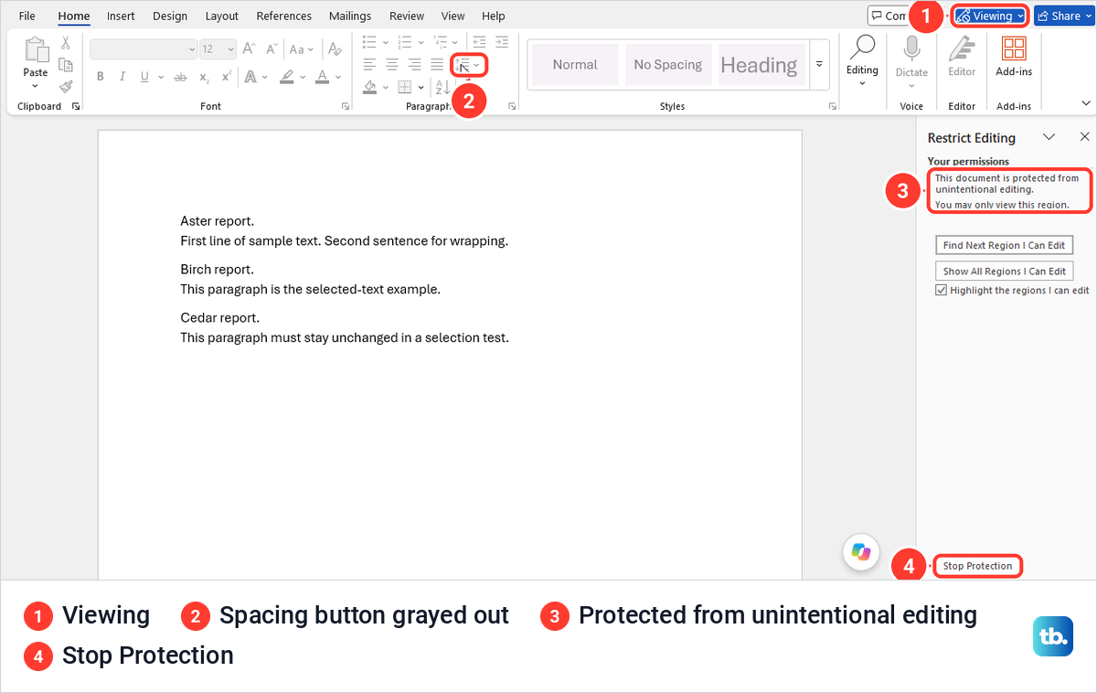 Word document under Restrict Editing with grayed formatting controls and a Stop Protection button.