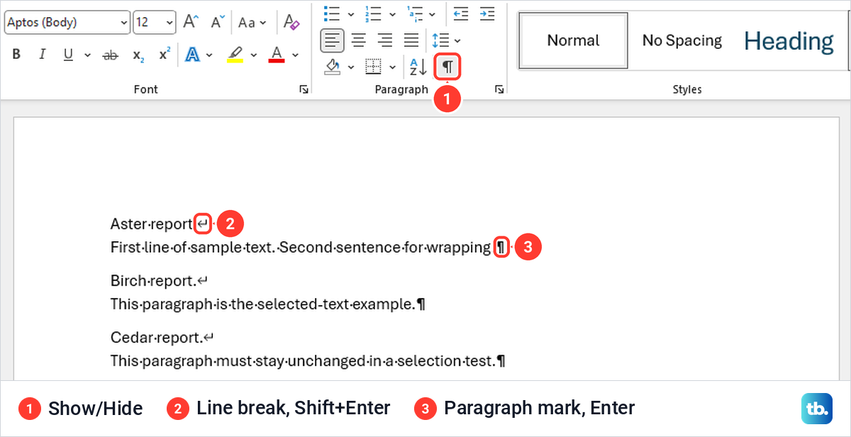 Word document with Show/Hide turned on, showing line break arrows and paragraph marks.