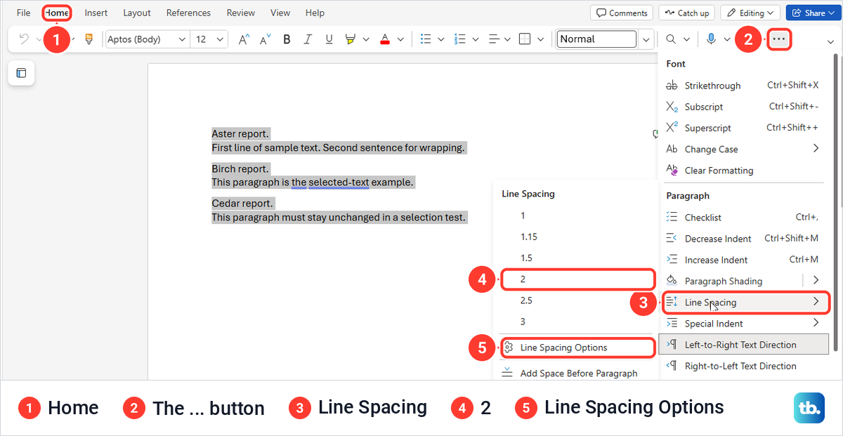 Word for the web Home tab overflow menu with Line Spacing and the choice 2 highlighted.