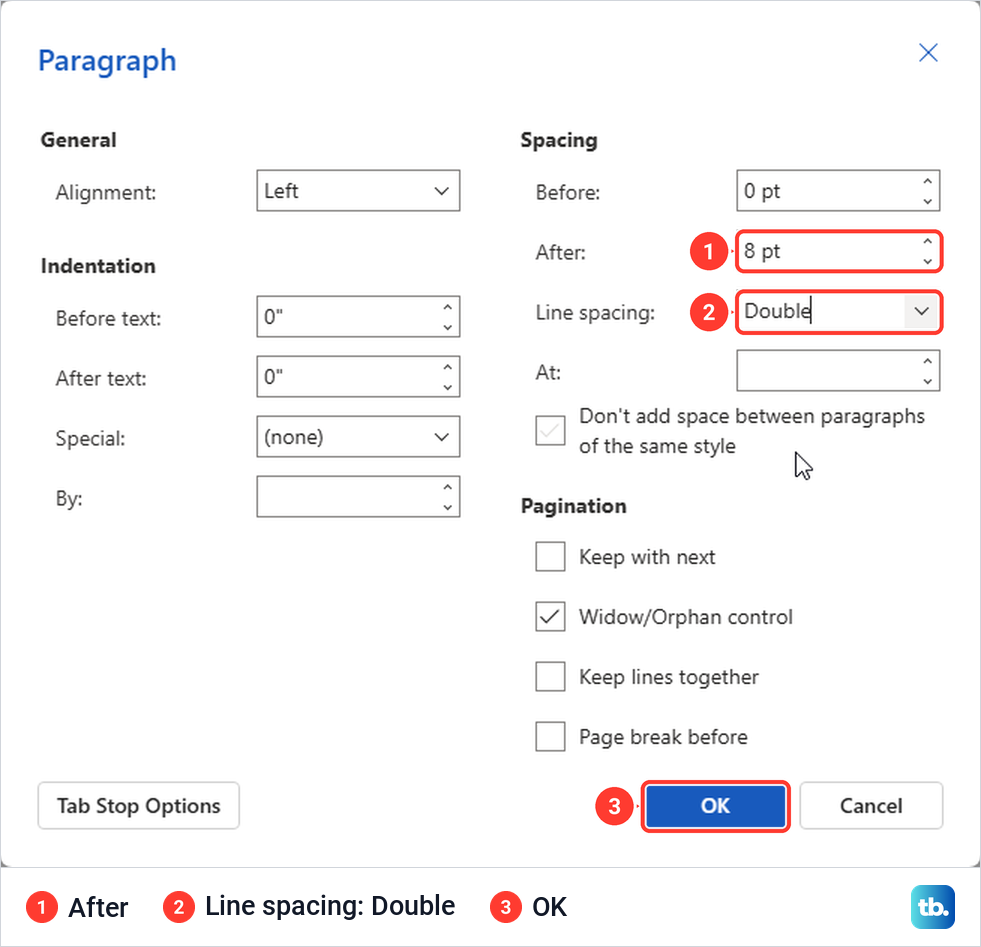 Word for the web Paragraph dialog with Line spacing set to Double before OK.