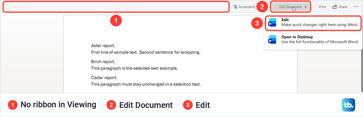 Word for the web in Viewing mode with no ribbon and the Edit Document menu open.