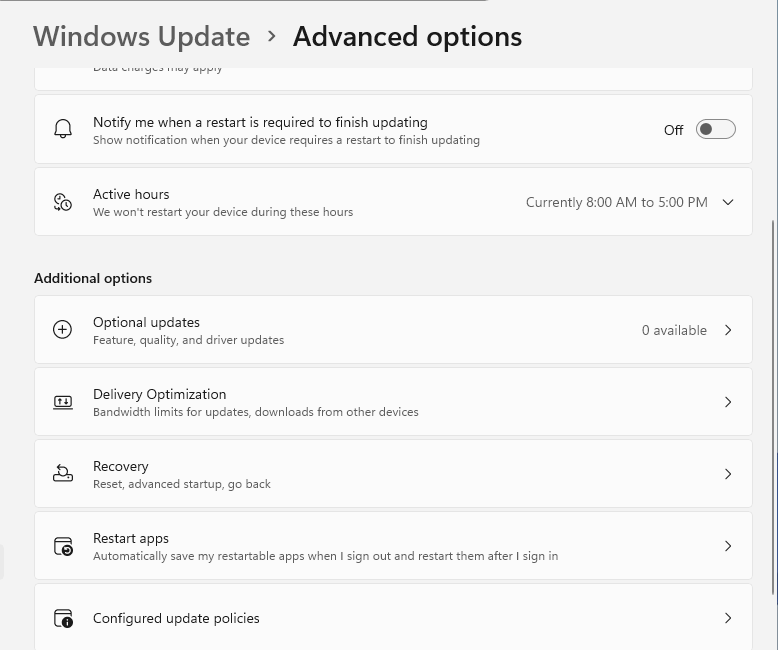 Windows 11 Windows Update Advanced options with Optional updates, Delivery Optimization and Recovery rows