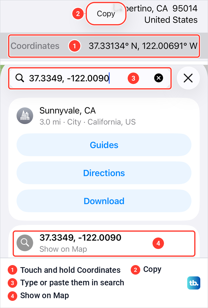A pin's Coordinates row with a Copy bubble above Apple Maps search showing typed coordinates and Show on Map.
