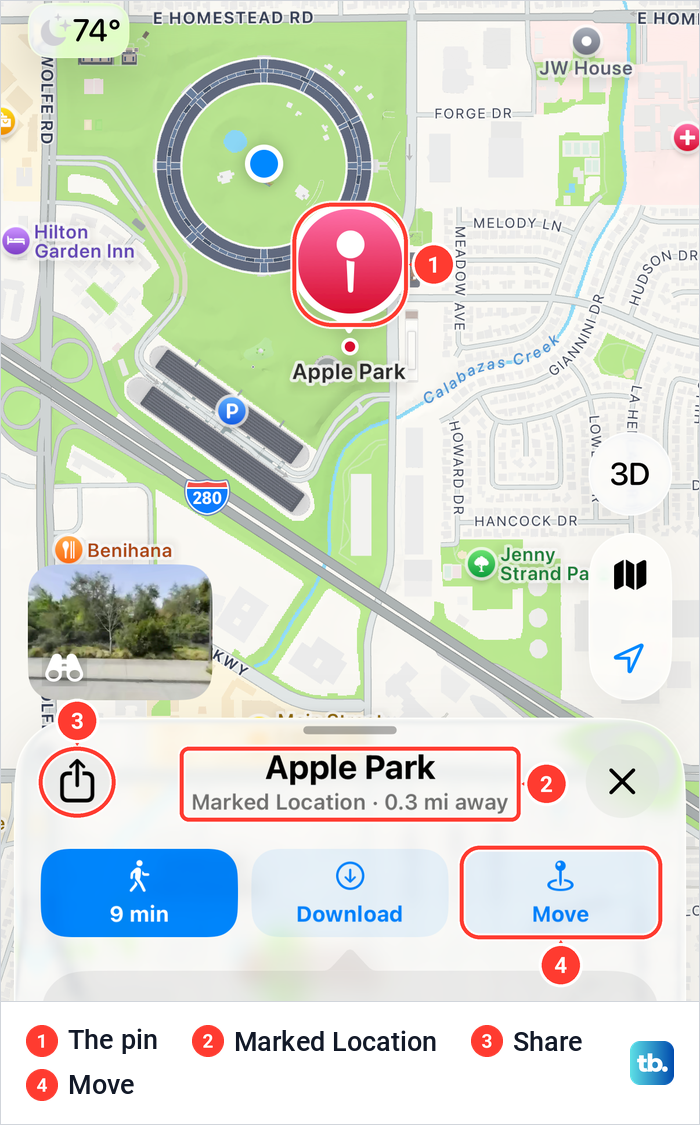Apple Maps on iPhone with a red pin dropped on open grass and its Marked Location card below.