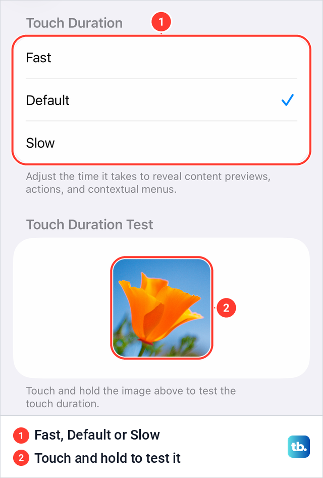 The Haptic Touch settings on iPhone with Fast, Default and Slow and a test picture.