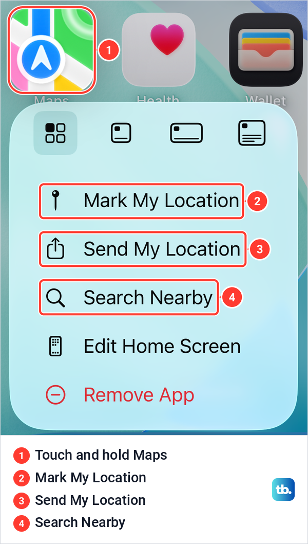 The Maps icon menu on the iPhone Home Screen with Mark My Location and Send My Location.