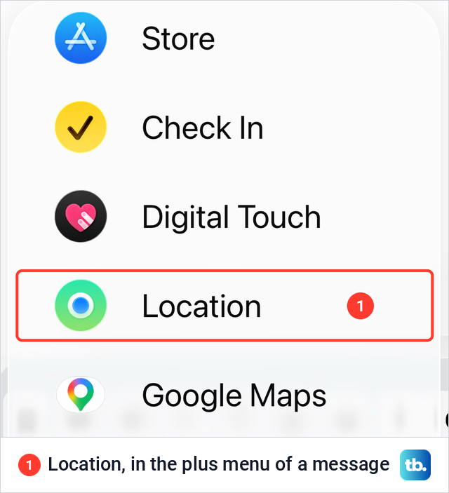 The plus menu in a new iPhone message listing Store, Check In, Digital Touch, Location and Google Maps.