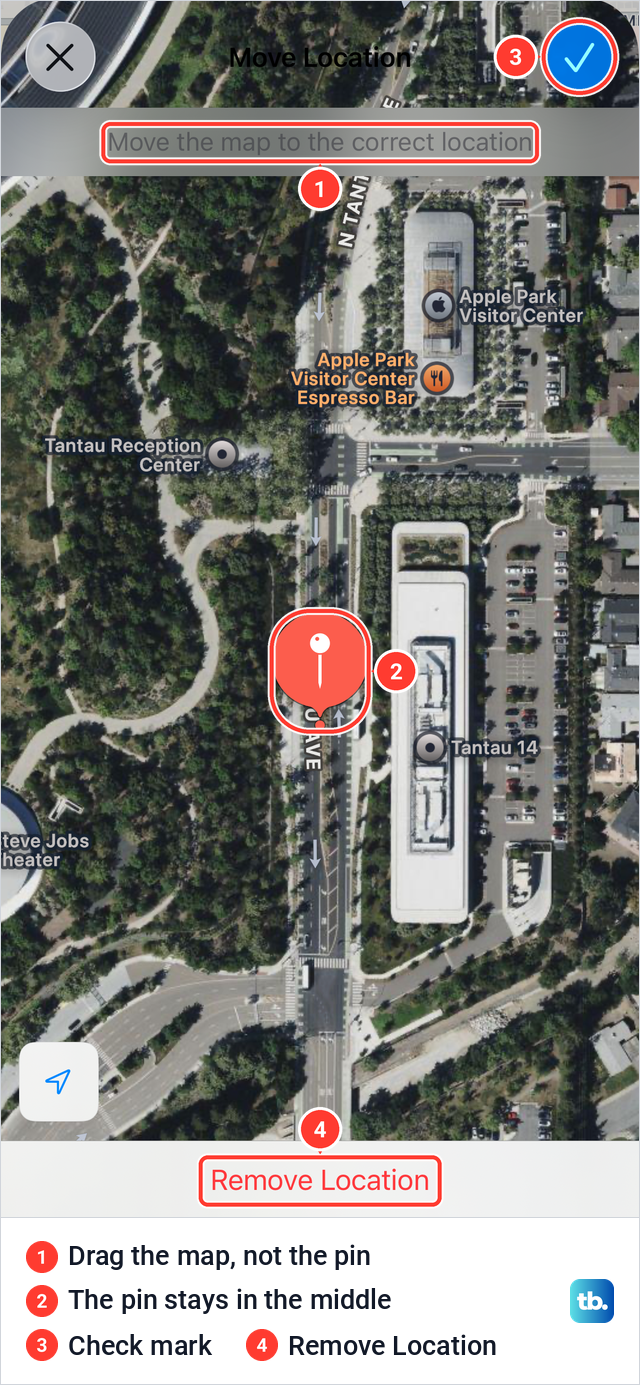 The Move Location screen in Apple Maps with a satellite view and the pin fixed in the middle.