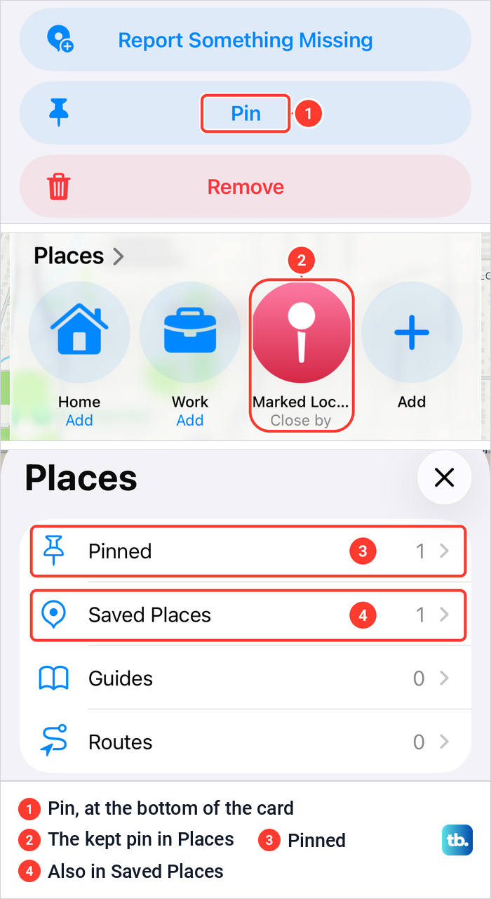 Three views of Apple Maps showing the Pin button, the kept pin in the Places row and the Places screen.