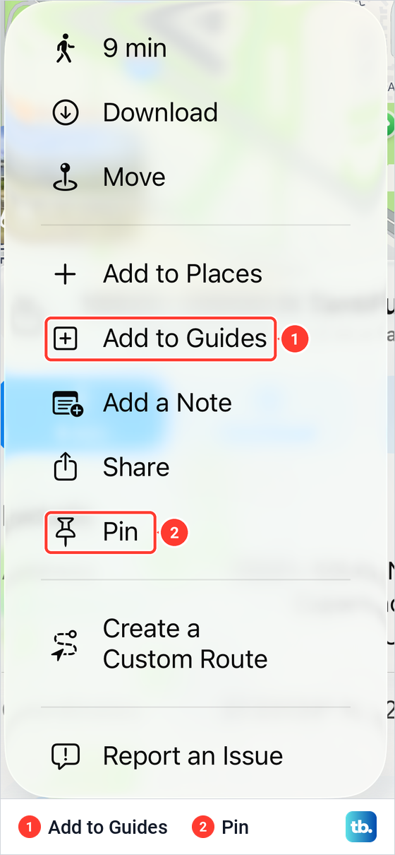 The More menu on a dropped pin's card in Apple Maps with Add to Guides and Pin.