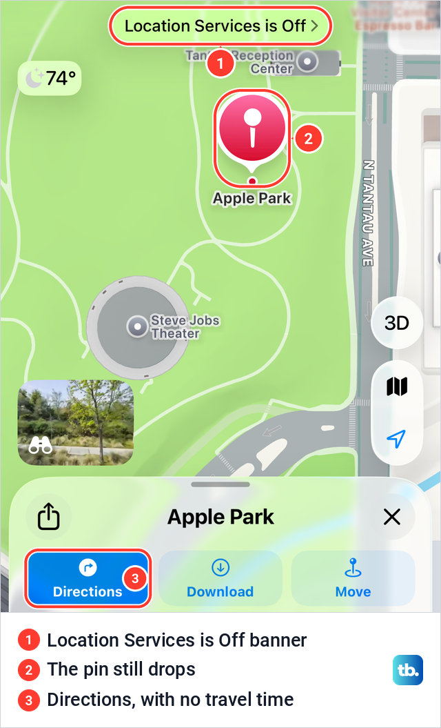 Apple Maps with a Location Services is Off banner and a pin still dropped on the map.