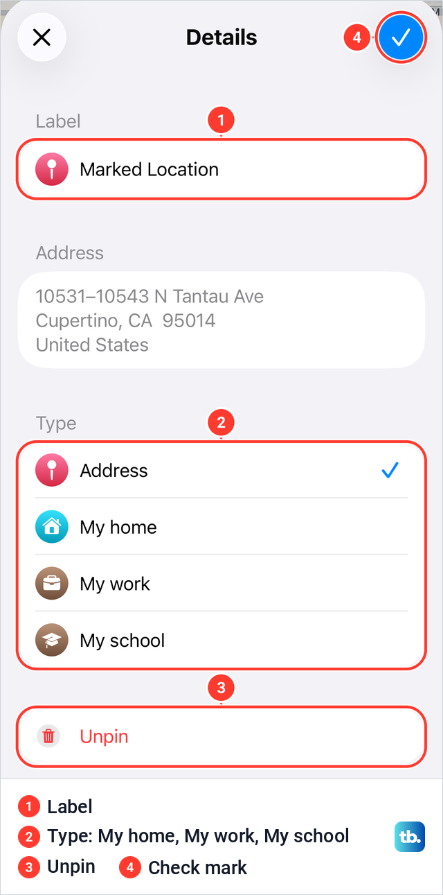 The Details screen for a pinned place in Apple Maps with Label, Type and an Unpin button.