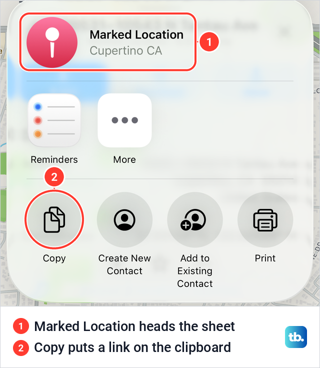 The iPhone share sheet for a dropped pin headed Marked Location with Copy among the actions.