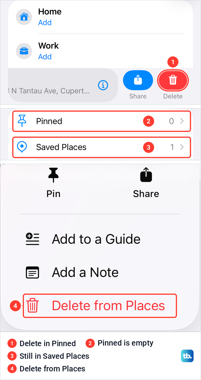Apple Maps Pinned list with Delete, the Places counts afterwards and the Delete from Places menu.