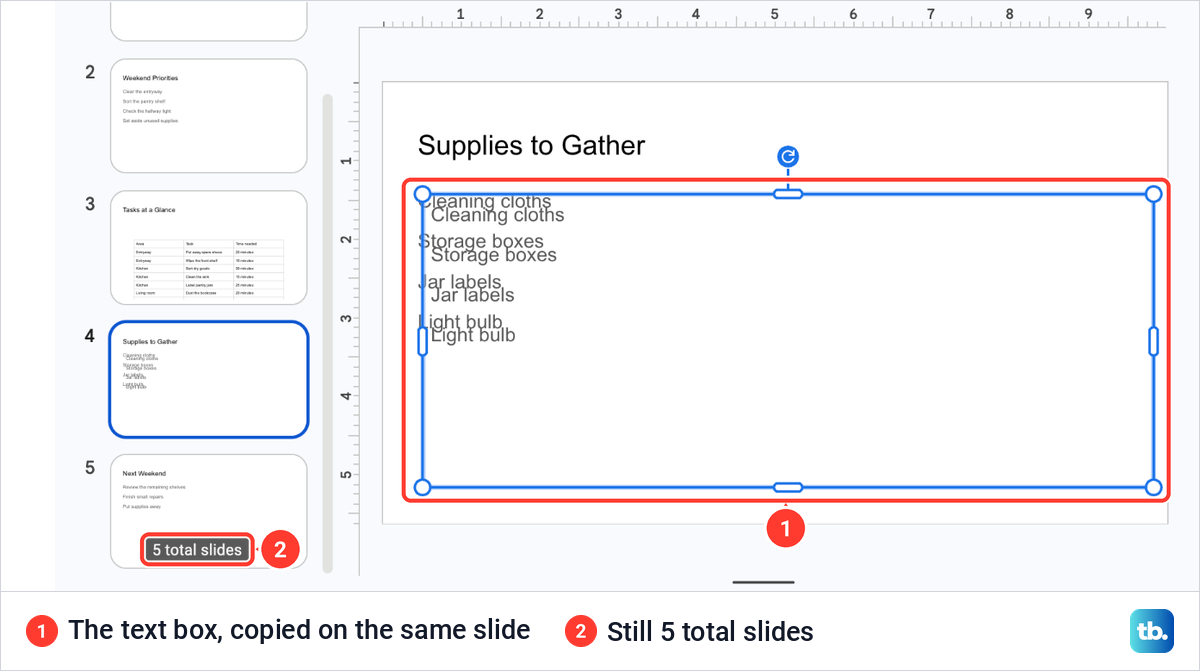 A Google Slides slide with its text box copied on top of itself so every line shows twice.