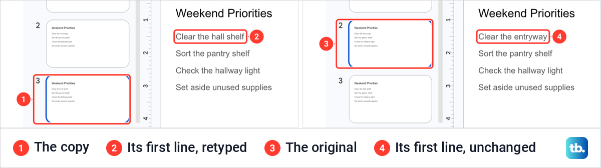 Two Google Slides views side by side, the copy reading Clear the hall shelf and the original reading Clear the entryway.