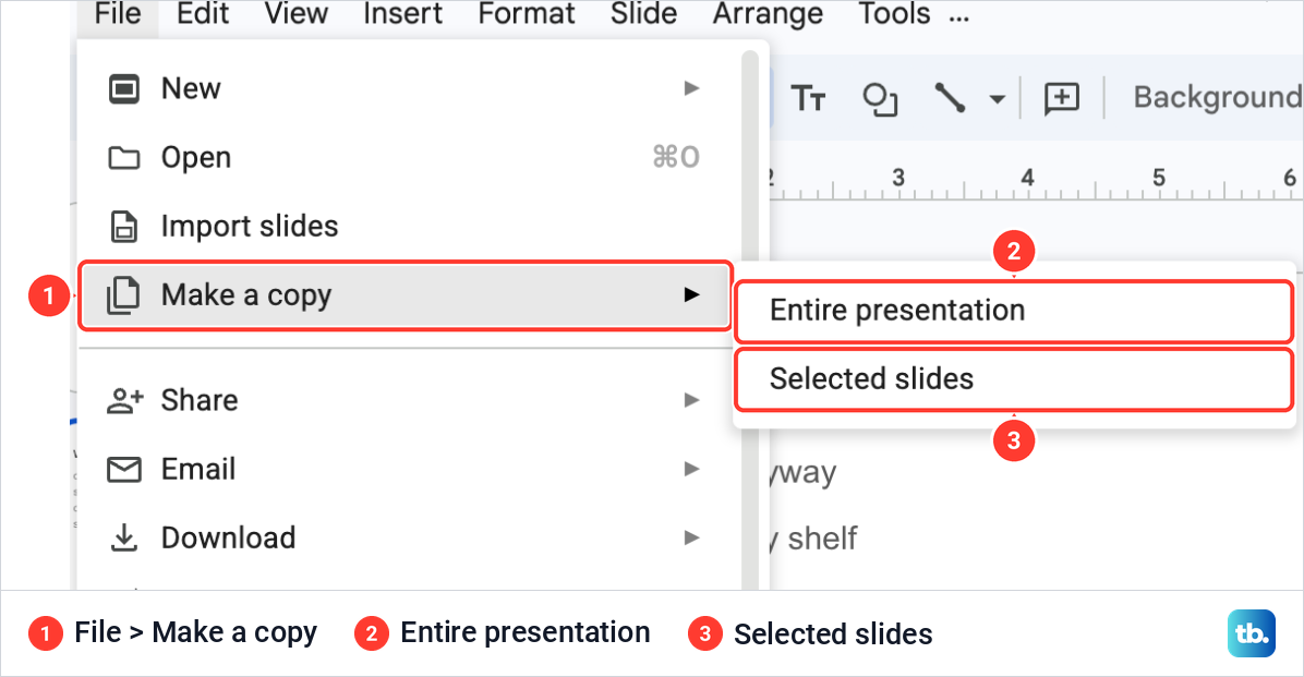 The Google Slides File menu with Make a copy open and its Entire presentation and Selected slides entries.