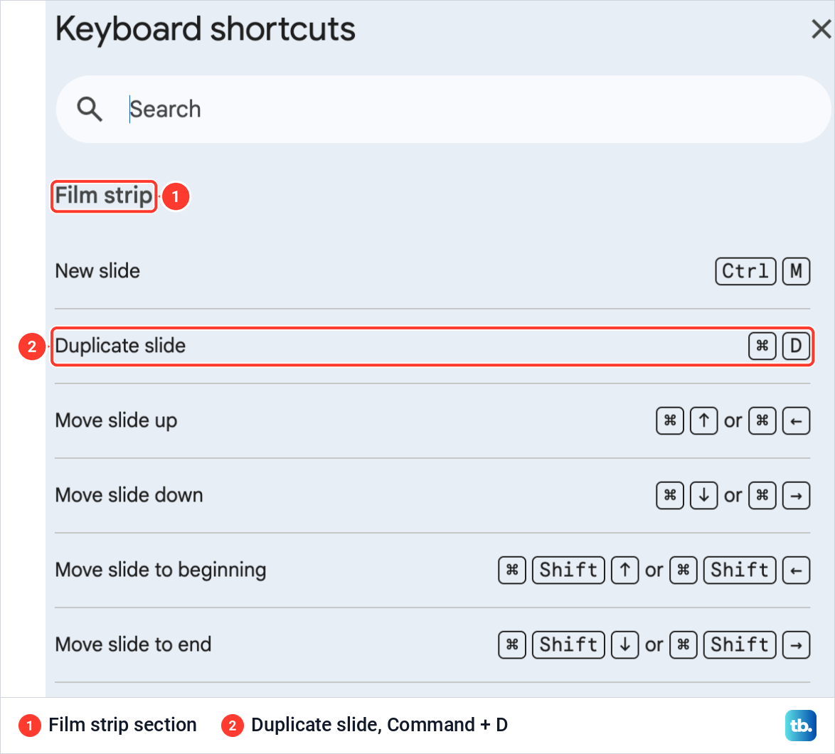 Google Slides Keyboard shortcuts list open on its Film strip section, with Duplicate slide shown as Command D.