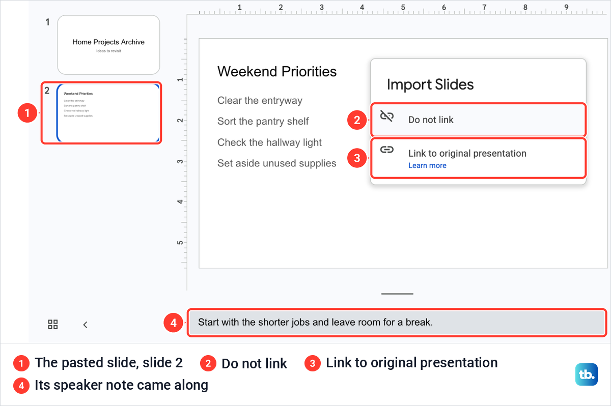 A slide pasted into Home Projects Archive as slide 2 with an Import Slides box offering Do not link.