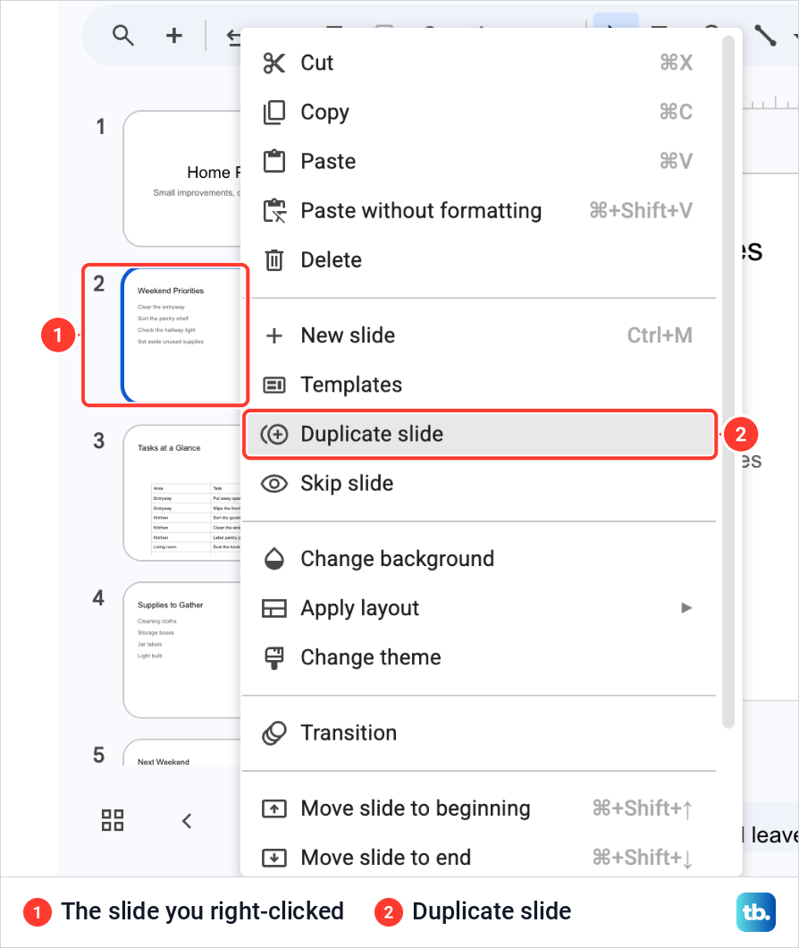 Google Slides filmstrip with the Weekend Priorities thumbnail right-clicked and Duplicate slide highlighted in the menu.
