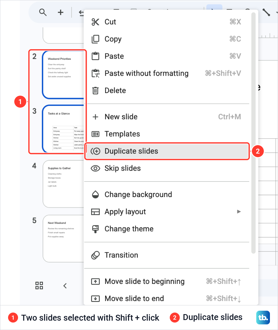 Two Google Slides thumbnails selected with Shift click and the right-click menu reading Duplicate slides.