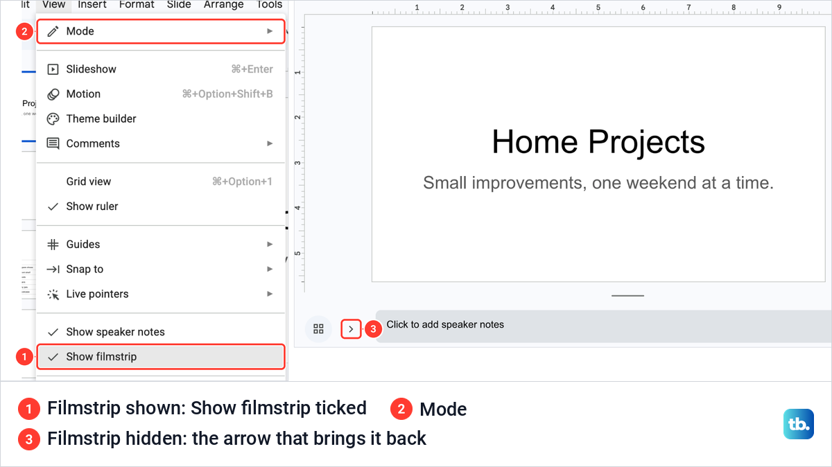Two Google Slides states side by side: the View menu with Show filmstrip ticked, then the editor with the filmstrip hidden.