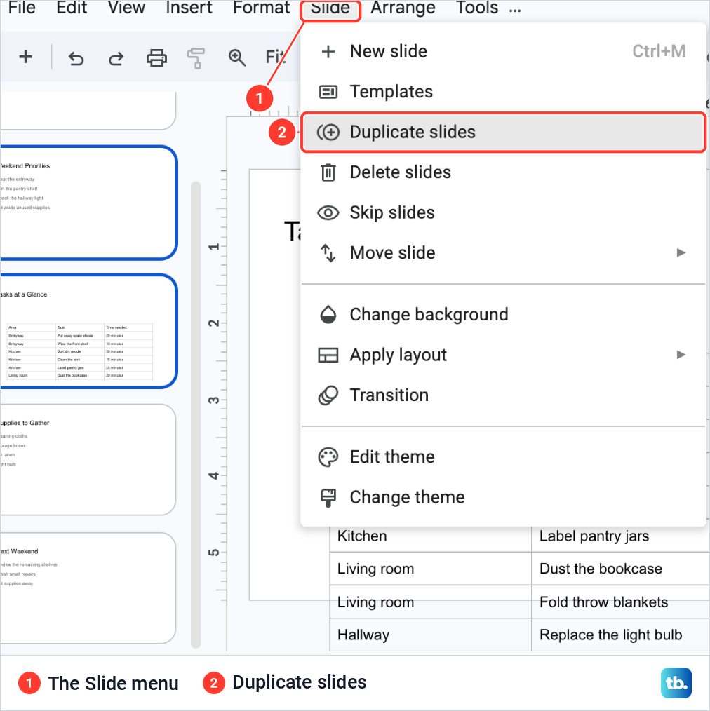 The Google Slides Slide menu open with two slides selected and Duplicate slides highlighted.