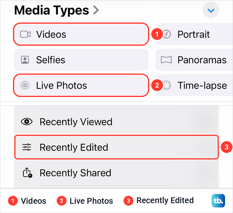 The Photos Collections tab on iPhone listing Videos, Live Photos and the Recently Edited album.