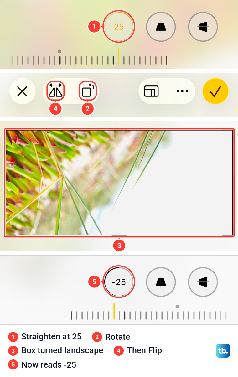 Close-ups of the iPhone crop screen showing Straighten at 25, the Rotate and Flip buttons and the value -25.