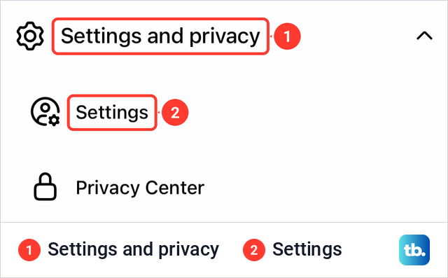 The Facebook app menu on iPhone with the Settings and privacy group expanded and Settings inside it.