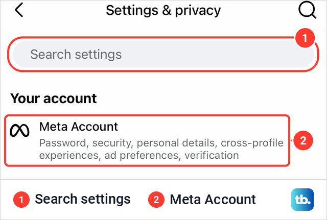The Facebook Settings and privacy page on iPhone with Search settings and the Meta Account row under Your account.