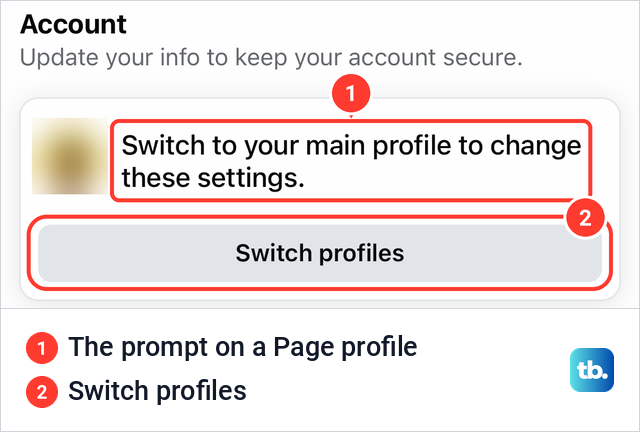 Facebook settings on a Page profile asking you to switch to your main profile, with a Switch profiles button.